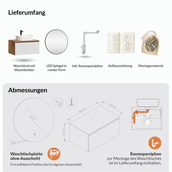 ARISA Badmöbel Set Weiß Geriffelt – Mit Veluna LED Spiegel und weißem Keramik-Aufsatzwaschbecken 60 cm