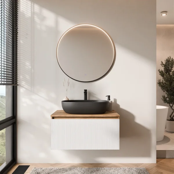 Ensemble de meubles de salle de bains ARISA blanc strié – Avec miroir LED Veluna et lavabo à poser en céramique noir de 60 cm