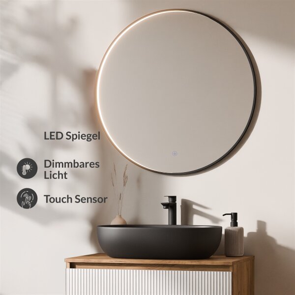 ARISA Badmöbel Set Weiß Geriffelt – Mit Veluna LED Spiegel und schwarzem Keramik-Aufsatzwaschbecken 60 cm