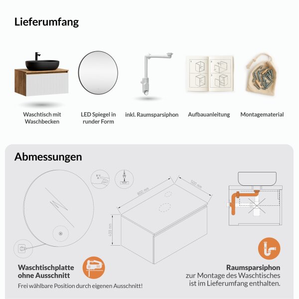 ARISA Badmöbel Set Weiß Geriffelt – Mit Veluna LED Spiegel und schwarzem Keramik-Aufsatzwaschbecken 60 cm