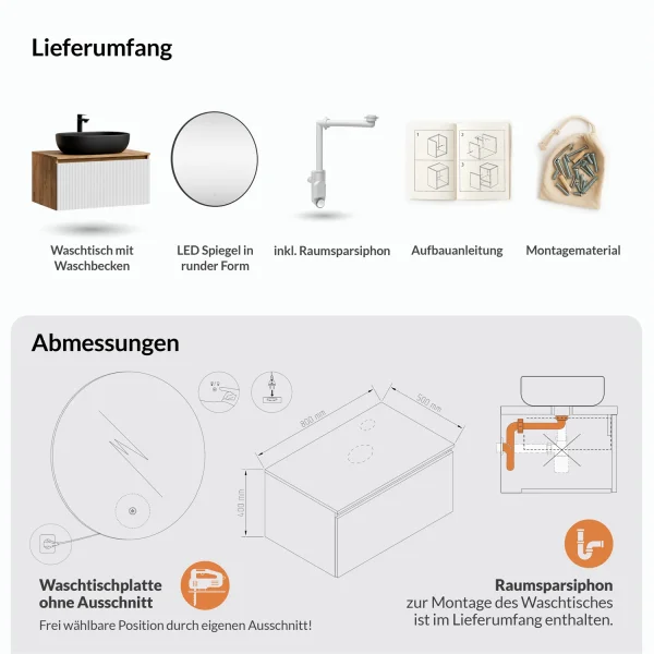 Ensemble de meubles de salle de bains ARISA blanc strié – Avec miroir LED Veluna et lavabo à poser en céramique noir de 60 cm