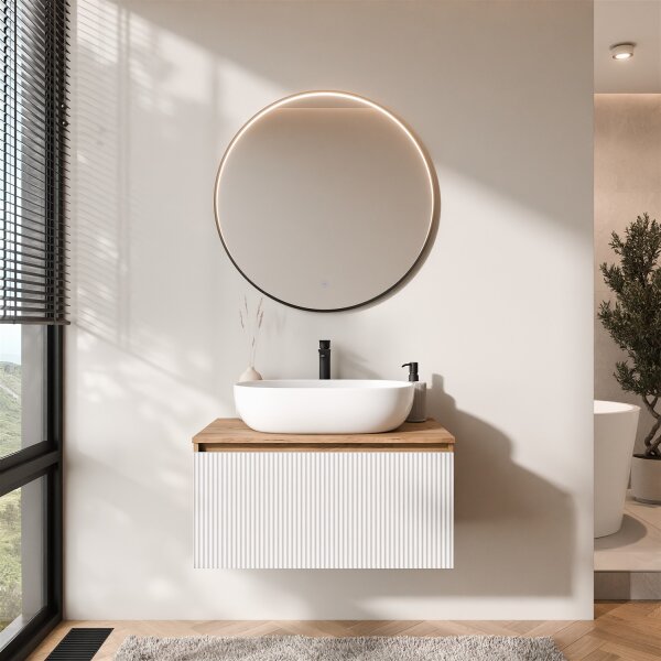 ARISA Badmöbel Set Weiß Geriffelt – Mit Veluna LED Spiegel und weißem Keramik-Aufsatzwaschbecken 60 cm