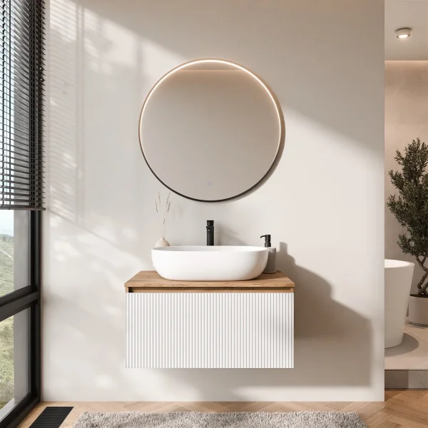 ARISA Bathroom Furniture Set, White Ribbed – With Veluna LED Mirror and White Ceramic Countertop Sink (60 cm)