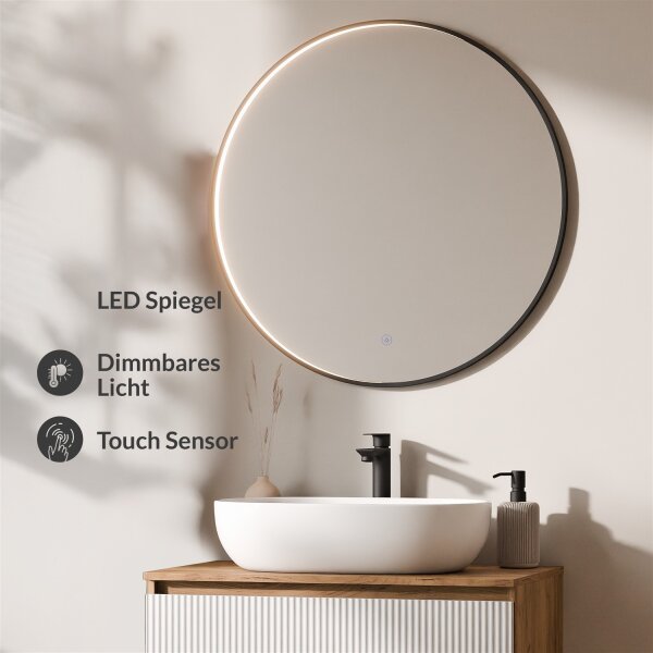 ARISA Badmöbel Set Weiß Geriffelt – Mit Veluna LED Spiegel und weißem Keramik-Aufsatzwaschbecken 60 cm