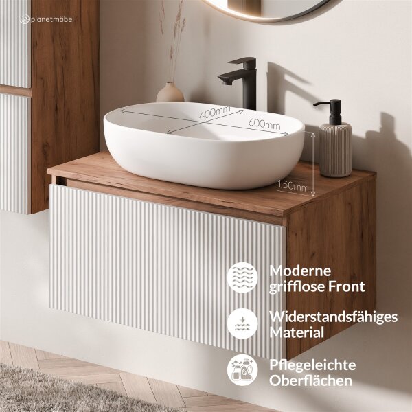 ARISA Badmöbel Set Weiß Geriffelt – Mit Veluna LED Spiegel und weißem Keramik-Aufsatzwaschbecken 60 cm