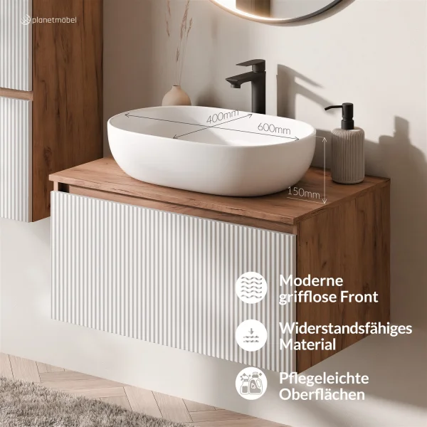 ARISA Bathroom Furniture Set, White Ribbed – With Veluna LED Mirror and White Ceramic Countertop Sink (60 cm)
