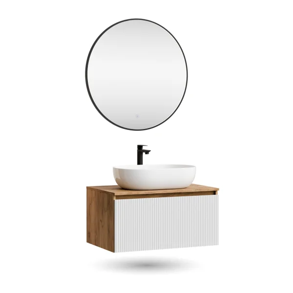 ARISA Bathroom Furniture Set, White Ribbed – With Veluna LED Mirror and White Ceramic Countertop Sink (60 cm)