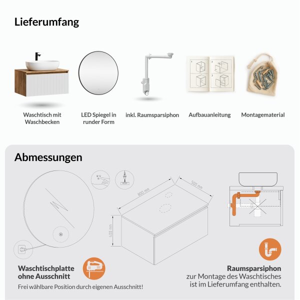 ARISA Badmöbel Set Weiß Geriffelt – Mit Veluna LED Spiegel und weißem Keramik-Aufsatzwaschbecken 60 cm