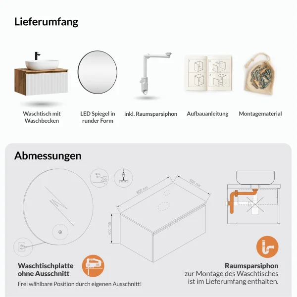 ARISA Bathroom Furniture Set, White Ribbed – With Veluna LED Mirror and White Ceramic Countertop Sink (60 cm)