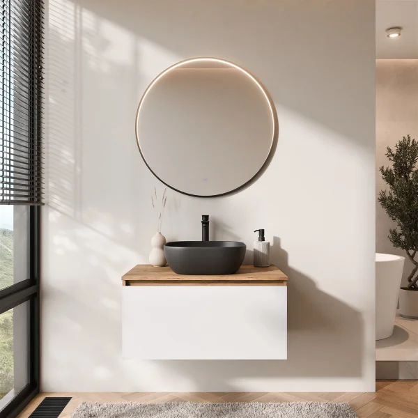 Ensemble de meubles de salle de bains ARISA blanc – Avec miroir LED Veluna et lavabo à poser en céramique noir de 42 cm