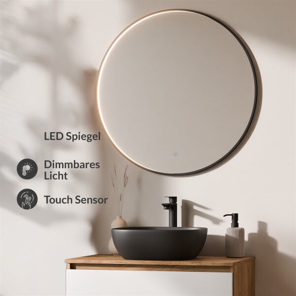 ARISA Badmöbel Set Weiß – Mit Veluna LED Spiegel und schwarzem Keramik-Aufsatzwaschbecken 42 cm