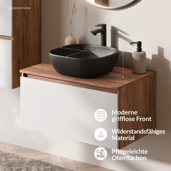 ARISA Badmöbel Set Weiß – Mit Veluna LED Spiegel und schwarzem Keramik-Aufsatzwaschbecken 42 cm