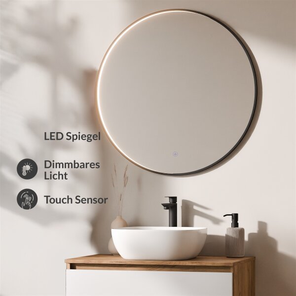 ARISA Badmöbel Set Weiß – Mit Veluna LED Spiegel und weißem Keramik-Aufsatzwaschbecken 42 cm