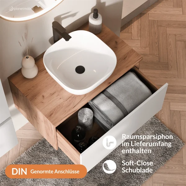 ARISA Badmöbel Set Weiß – Mit Veluna LED Spiegel und weißem Keramik-Aufsatzwaschbecken 42 cm
