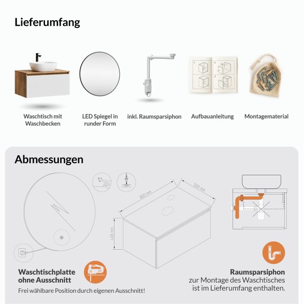 ARISA Badmöbel Set Weiß – Mit Veluna LED Spiegel und weißem Keramik-Aufsatzwaschbecken 42 cm