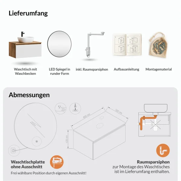 ARISA Badmöbel Set Weiß – Mit Veluna LED Spiegel und weißem Keramik-Aufsatzwaschbecken 42 cm