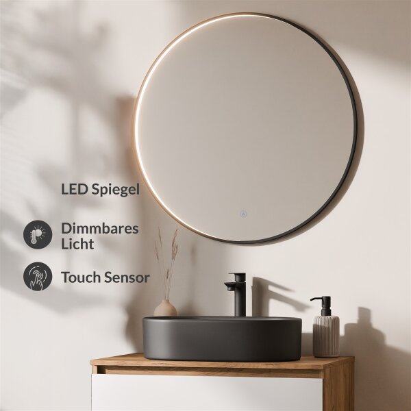 ARISA Badmöbel Set Weiß – Mit Veluna LED Spiegel und schwarzem Keramik-Aufsatzwaschbecken 55 cm