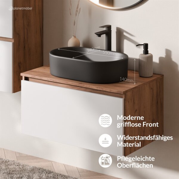 ARISA Badmöbel Set Weiß – Mit Veluna LED Spiegel und schwarzem Keramik-Aufsatzwaschbecken 55 cm