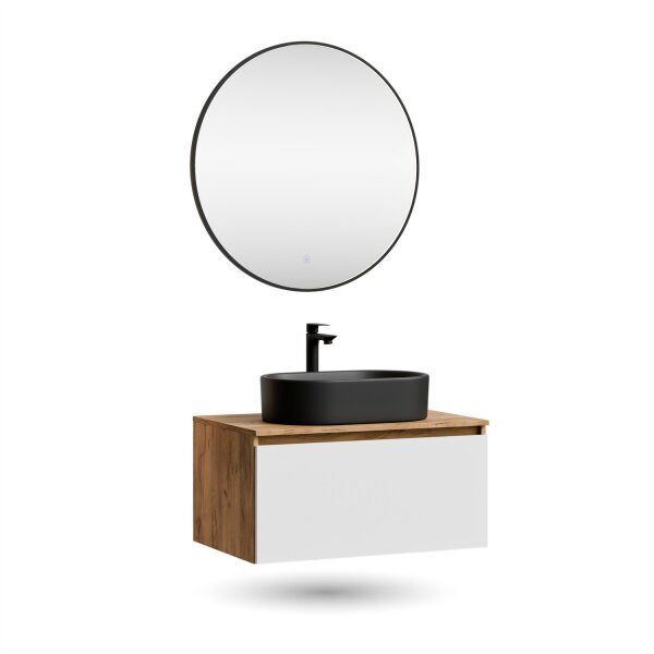ARISA Badmöbel Set Weiß – Mit Veluna LED Spiegel und schwarzem Keramik-Aufsatzwaschbecken 55 cm