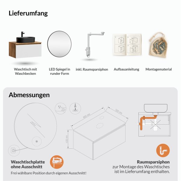 ARISA Badmöbel Set Weiß – Mit Veluna LED Spiegel und schwarzem Keramik-Aufsatzwaschbecken 55 cm