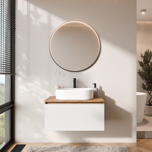 ARISA Badmöbel Set Weiß – Mit Veluna LED Spiegel und weißem Keramik-Aufsatzwaschbecken 55 cm