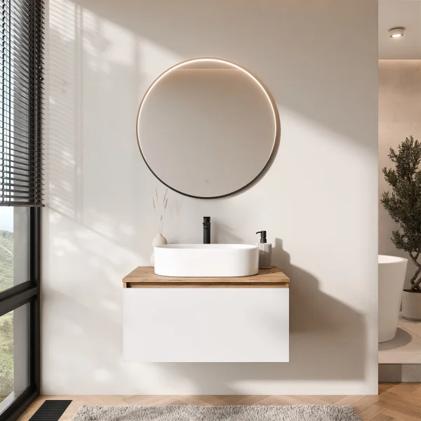 Ensemble de meubles de salle de bains ARISA blanc – Avec miroir LED Veluna et lavabo à poser en céramique blanche de 55 cm