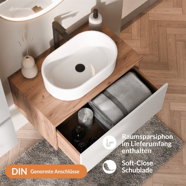 ARISA Badmöbel Set Weiß – Mit Veluna LED Spiegel und weißem Keramik-Aufsatzwaschbecken 55 cm