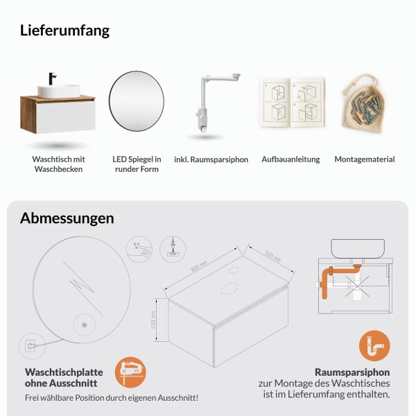 ARISA Badmöbel Set Weiß – Mit Veluna LED Spiegel und weißem Keramik-Aufsatzwaschbecken 55 cm