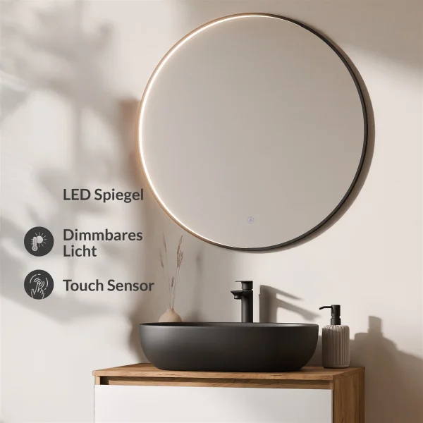 ARISA Badmöbel Set Weiß – Mit Veluna LED Spiegel und schwarzem Keramik-Aufsatzwaschbecken 60 cm