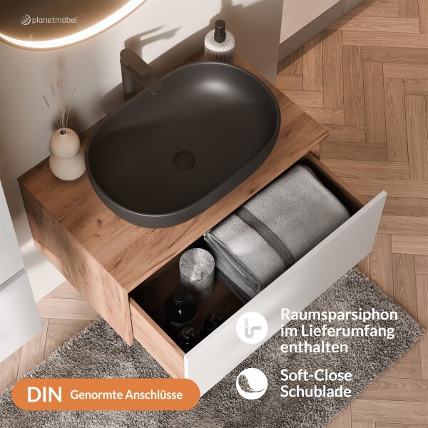 ARISA Badmöbel Set Weiß – Mit Veluna LED Spiegel und schwarzem Keramik-Aufsatzwaschbecken 60 cm