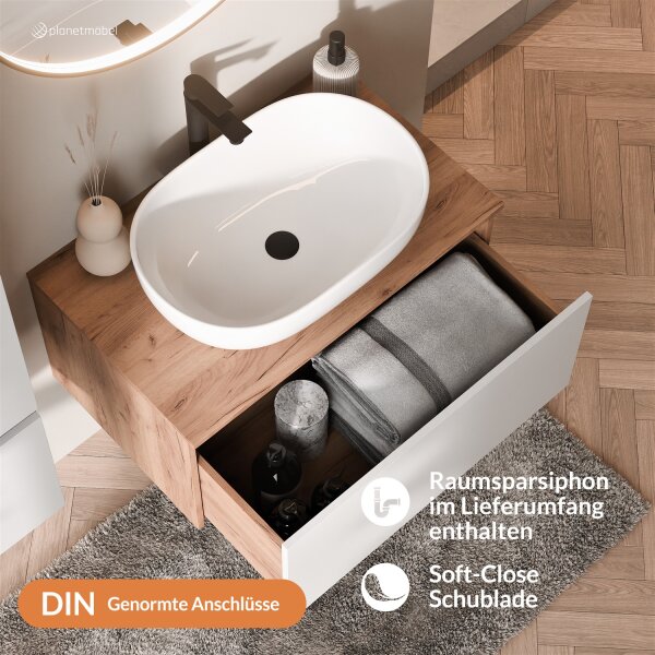 ARISA Badmöbel Set Weiß – Mit Veluna LED Spiegel und weißem Keramik-Aufsatzwaschbecken 60 cm