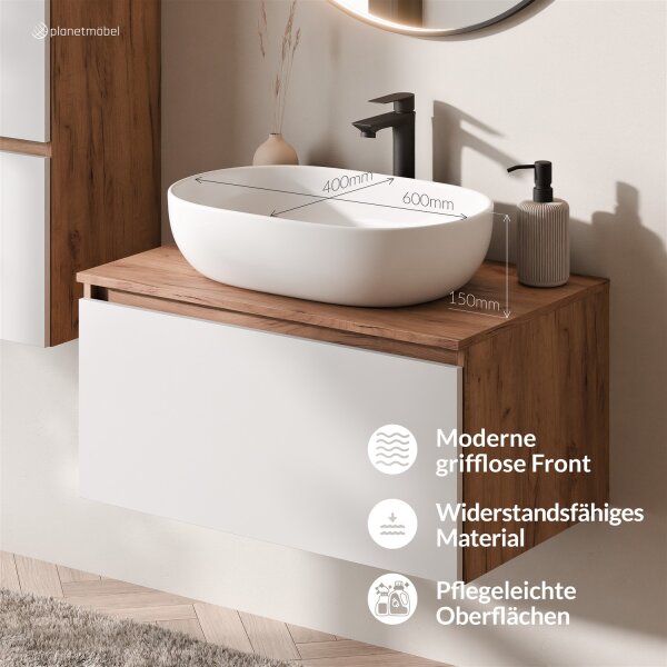 ARISA Badmöbel Set Weiß – Mit Veluna LED Spiegel und weißem Keramik-Aufsatzwaschbecken 60 cm