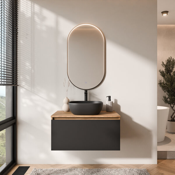 ARISA Badmöbel Set Schwarz – Mit "Glora" LED Spiegel und schwarzem Keramik-Aufsatzwaschbecken 42 cm