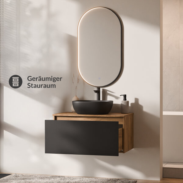 ARISA Badmöbel Set Schwarz – Mit "Glora" LED Spiegel und schwarzem Keramik-Aufsatzwaschbecken 42 cm