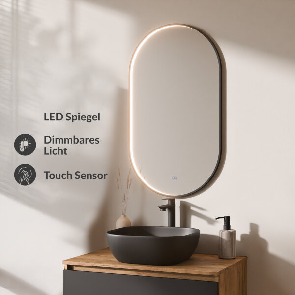 ARISA Badmöbel Set Schwarz – Mit "Glora" LED Spiegel und schwarzem Keramik-Aufsatzwaschbecken 42 cm