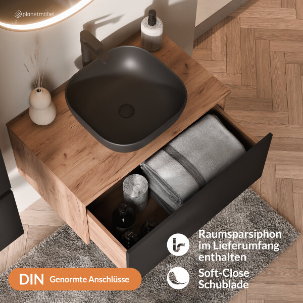 ARISA Badmöbel Set Schwarz – Mit "Glora" LED Spiegel und schwarzem Keramik-Aufsatzwaschbecken 42 cm