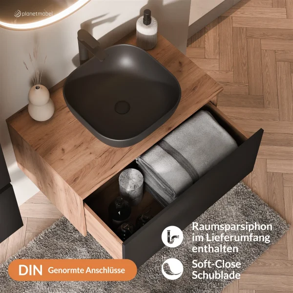 Ensemble de meubles de salle de bains ARISA noir – Avec miroir LED « Glora » et lavabo à poser en céramique noir de 42 cm