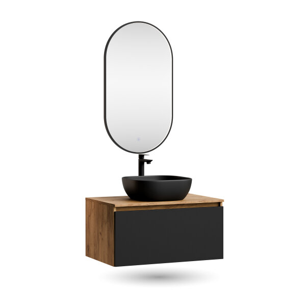 ARISA Badmöbel Set Schwarz – Mit "Glora" LED Spiegel und schwarzem Keramik-Aufsatzwaschbecken 42 cm
