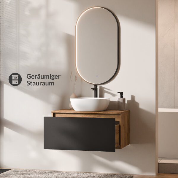 ARISA Badmöbel Set Schwarz – Mit "Glora" LED Spiegel und weißem Keramik-Aufsatzwaschbecken 42 cm