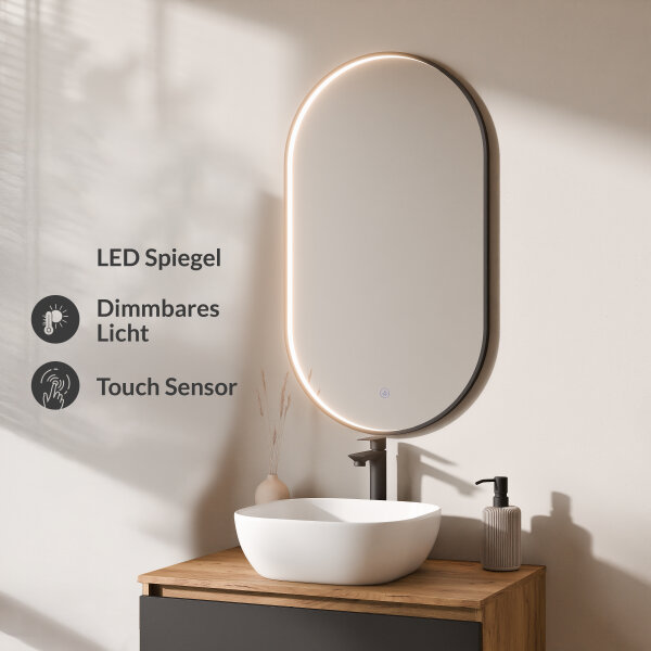 ARISA Badmöbel Set Schwarz – Mit "Glora" LED Spiegel und weißem Keramik-Aufsatzwaschbecken 42 cm