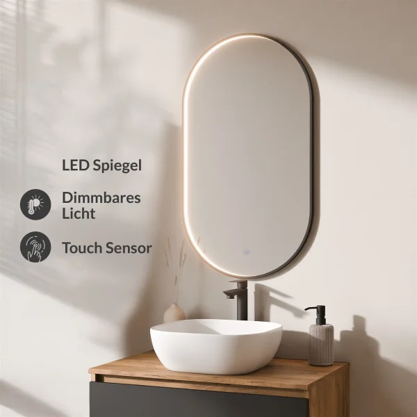 Ensemble de meubles de salle de bains ARISA noir – Avec miroir LED « Glora » et vasque à poser en céramique blanche de 42 cm