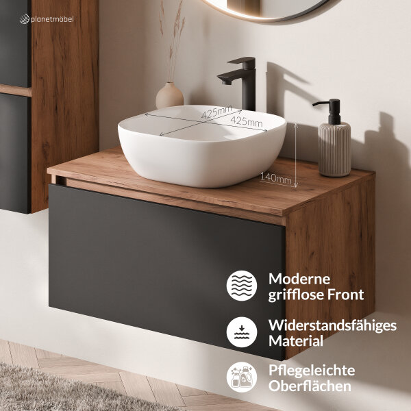 ARISA Badmöbel Set Schwarz – Mit "Glora" LED Spiegel und weißem Keramik-Aufsatzwaschbecken 42 cm