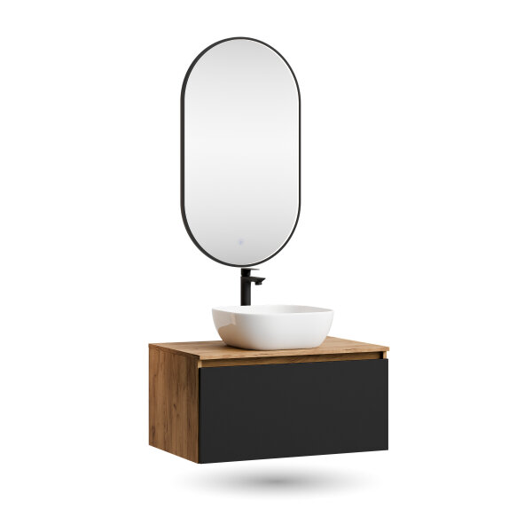 ARISA Badmöbel Set Schwarz – Mit "Glora" LED Spiegel und weißem Keramik-Aufsatzwaschbecken 42 cm
