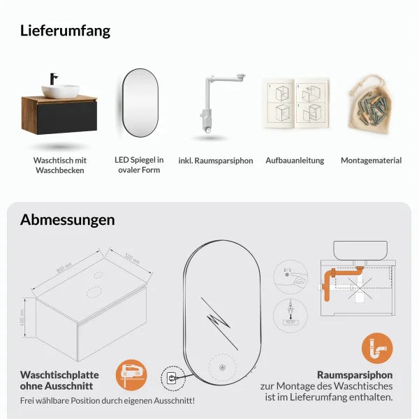 Ensemble de meubles de salle de bains ARISA noir – Avec miroir LED « Glora » et vasque à poser en céramique blanche de 42 cm