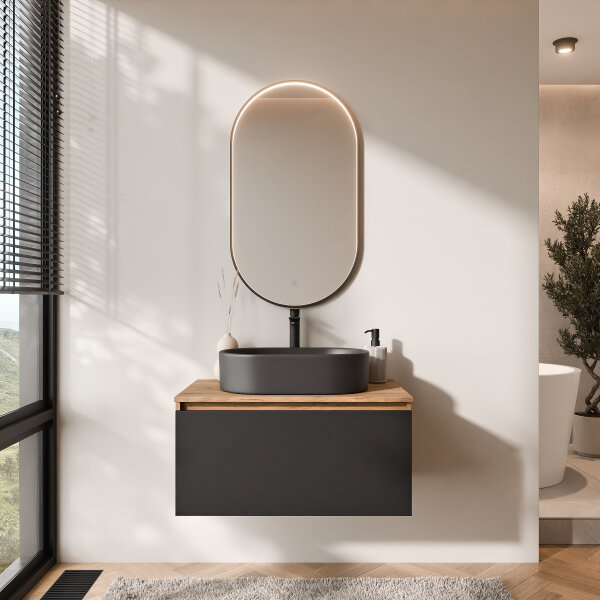 ARISA Badmöbel Set Schwarz – Mit "Glora" LED Spiegel und schwarze Keramik-Aufsatzwaschbecken 55 cm