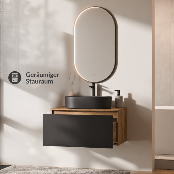 ARISA Badmöbel Set Schwarz – Mit "Glora" LED Spiegel und schwarze Keramik-Aufsatzwaschbecken 55 cm