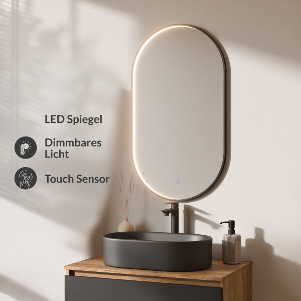 ARISA Badmöbel Set Schwarz – Mit "Glora" LED Spiegel und schwarze Keramik-Aufsatzwaschbecken 55 cm