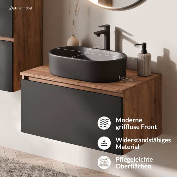 ARISA Badmöbel Set Schwarz – Mit "Glora" LED Spiegel und schwarze Keramik-Aufsatzwaschbecken 55 cm