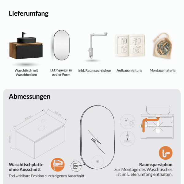 ARISA Badmöbel Set Schwarz – Mit "Glora" LED Spiegel und schwarze Keramik-Aufsatzwaschbecken 55 cm