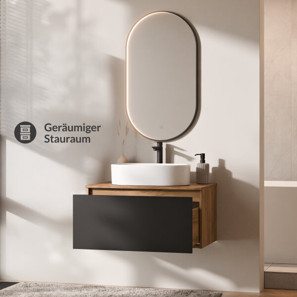 ARISA Badmöbel Set Schwarz – Mit "Glora" LED Spiegel und weißem Keramik-Aufsatzwaschbecken 55 cm